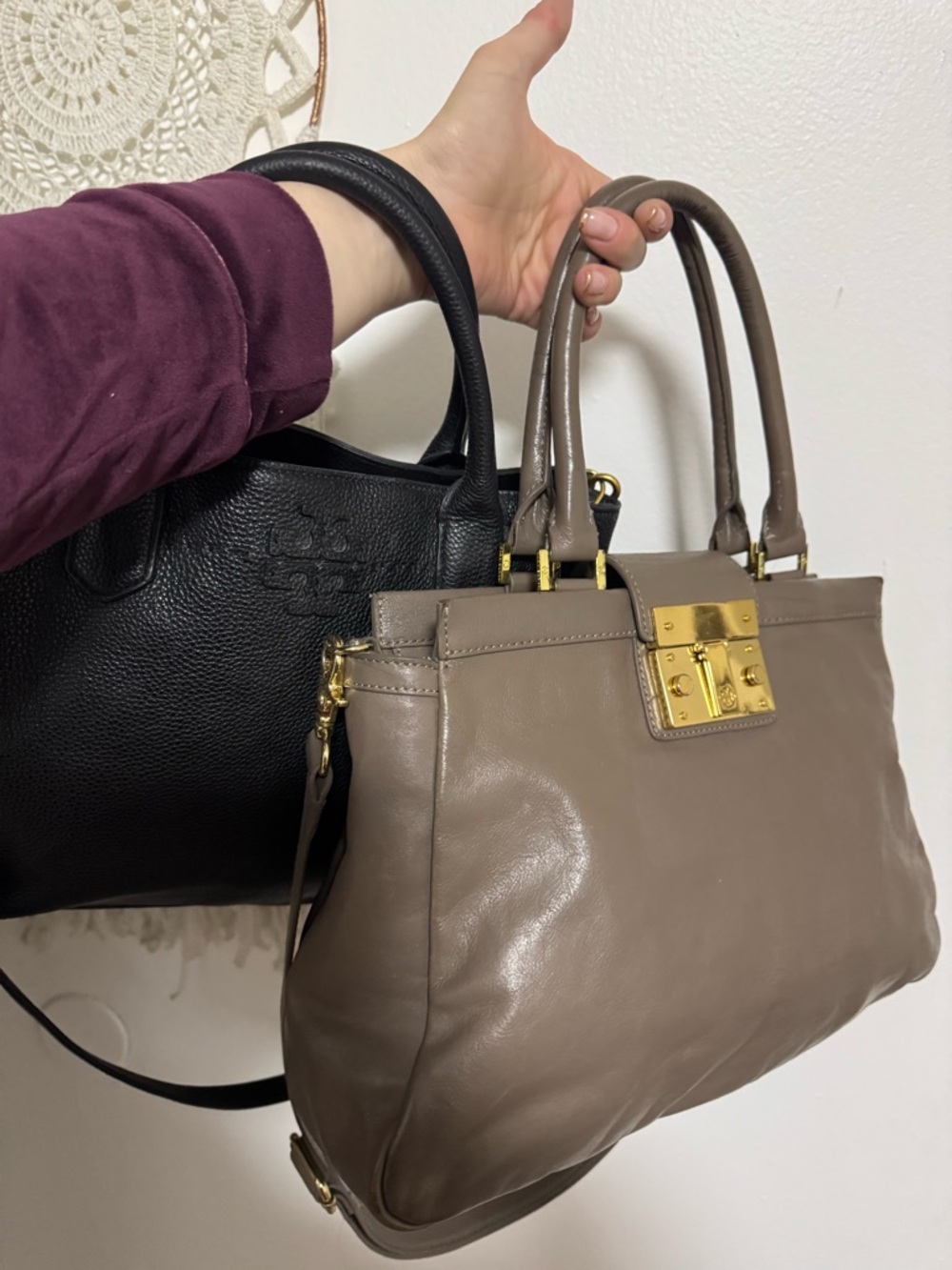SET of 2 Tory Burch Taupe + Black Leather Top-Handle Satchel with Gold Hardware